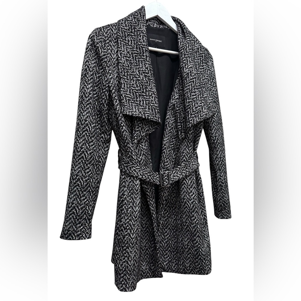 Banana Republic Black White Gray Chevron Tie Belt Wrap Style Trench Coat Sz 4 - Picture 2 of 8